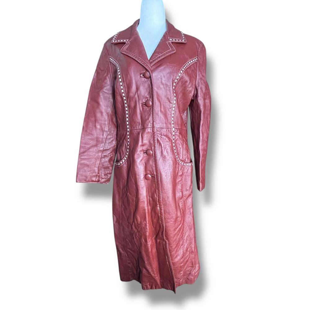 Vintage 70s Burgundy Leather Longline Trench Coat White Whipstitch Western Ranch